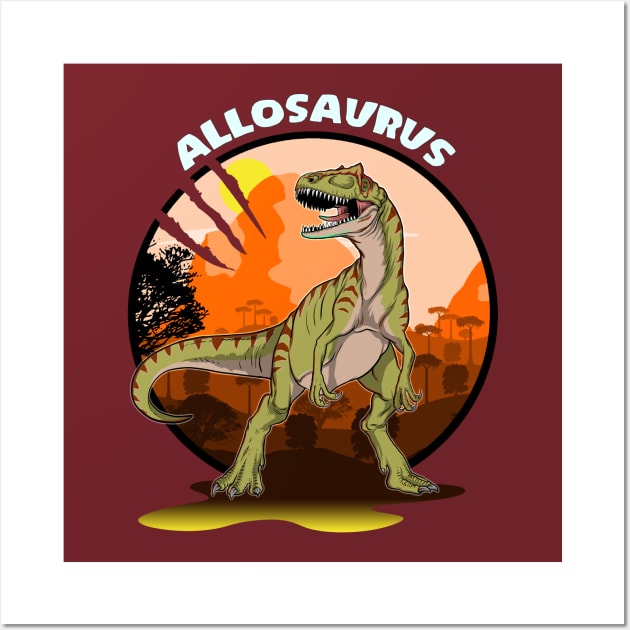 Allosaurus Dinosaur Design With Background Wall Art by Terra Fossil Merch